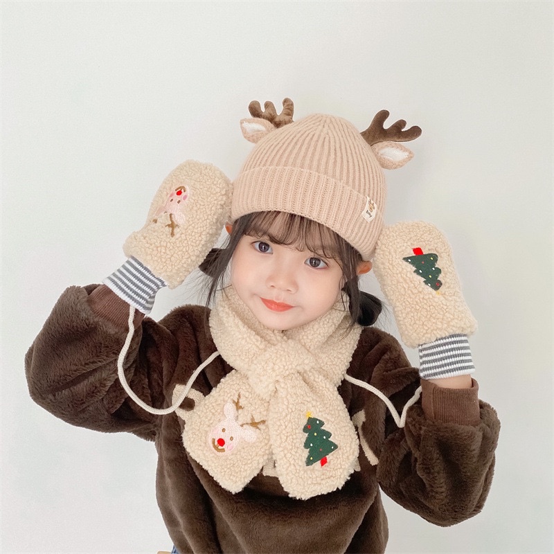 Set mũ len, găng tay kèm khăn quàng cổ cây thông noel ấm áp vừa đông cho bé
