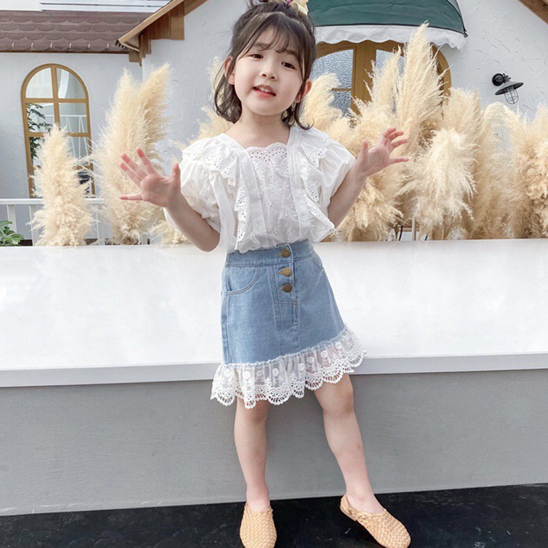 Đầm Denim Phối Ren Cho Bé Gái