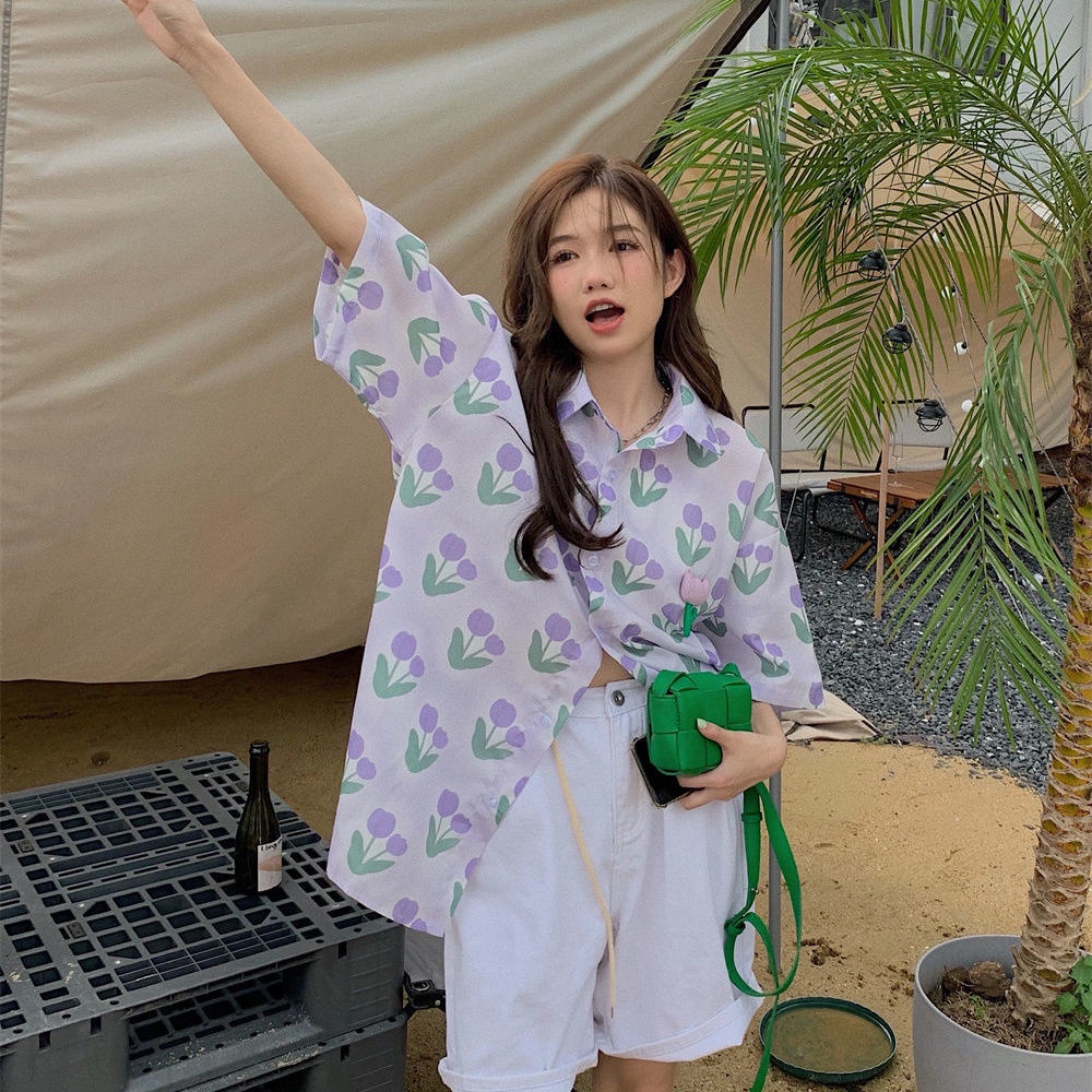 Áo Sơ Mi Ngắn Tay Dáng Rộng In Hình Hoa tulip Thời Trang Mùa Hè Giản Dị Dành Cho Nữ