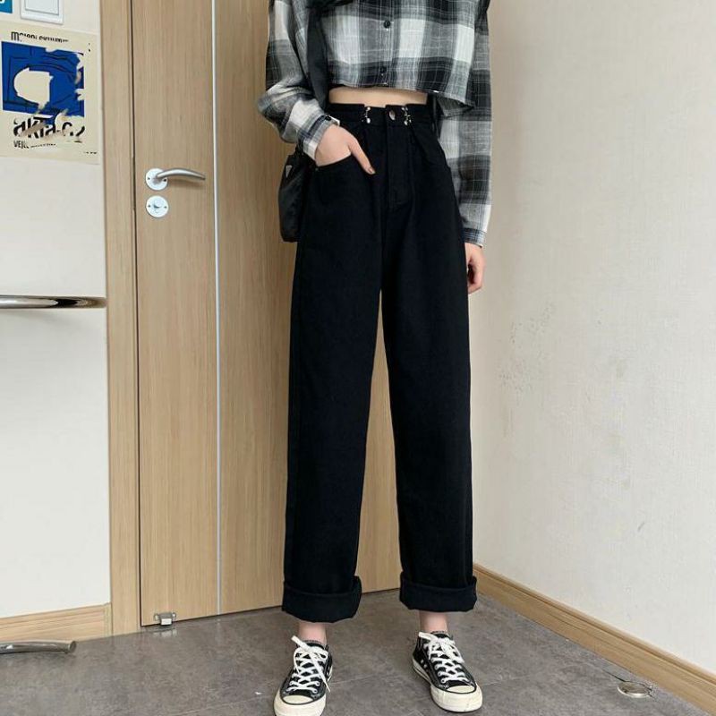 Quần Jean Nữ Ống Rộng Cạp Cao Có Khoá Cài Co Eo Phong Cách Ulzzang Street style HIPHOP STREETWEAR