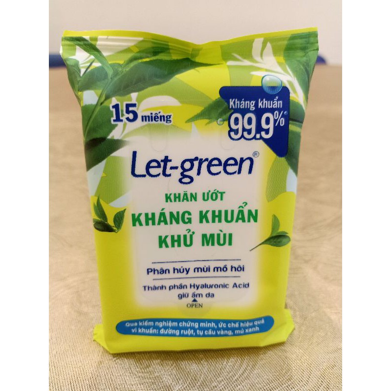 KHĂN ƯỚT KHÁNG KHUẨN-KHỬ MÙI LET-GREEN 15 MIẾNG