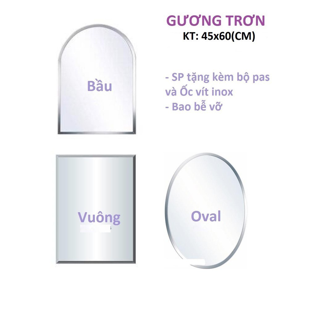 Gương soi nhà tắm 45x60 (Vuông+Oval+Bầu), kiếng phòng tắm, gương trơn