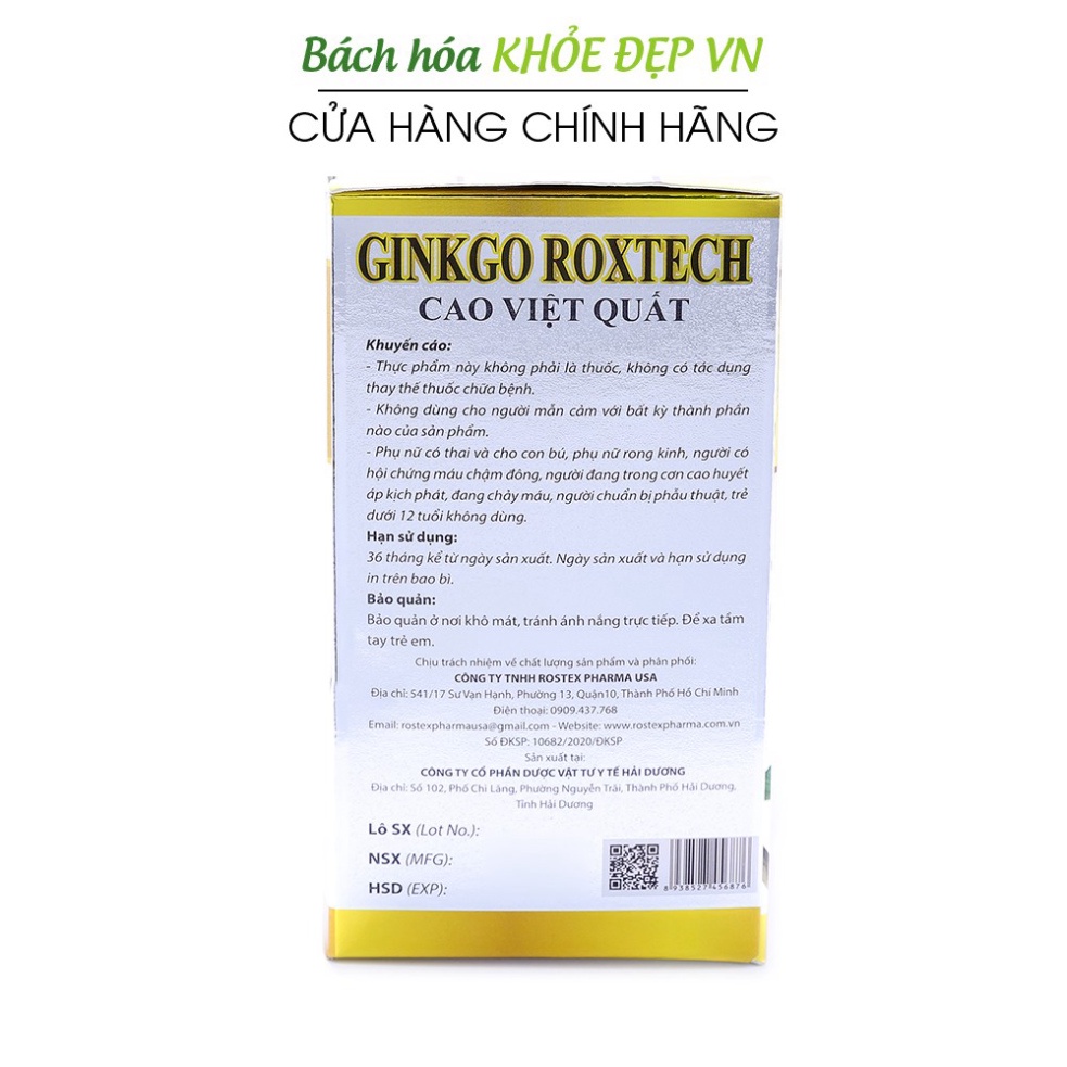 Viên uống Ginkgo Biloba Cao Việt Quất hoạt huyết dưỡng não, tăng tuần hoàn máu não, tăng cường trí nhớ- hộp 100 viên