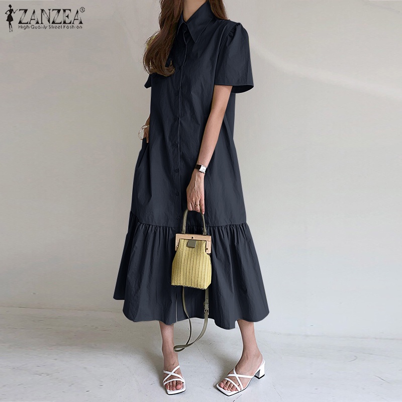 Đầm ZANZEA ngắn tay cổ bẻ dáng rộng thời trang Hàn Quốc cho nữ