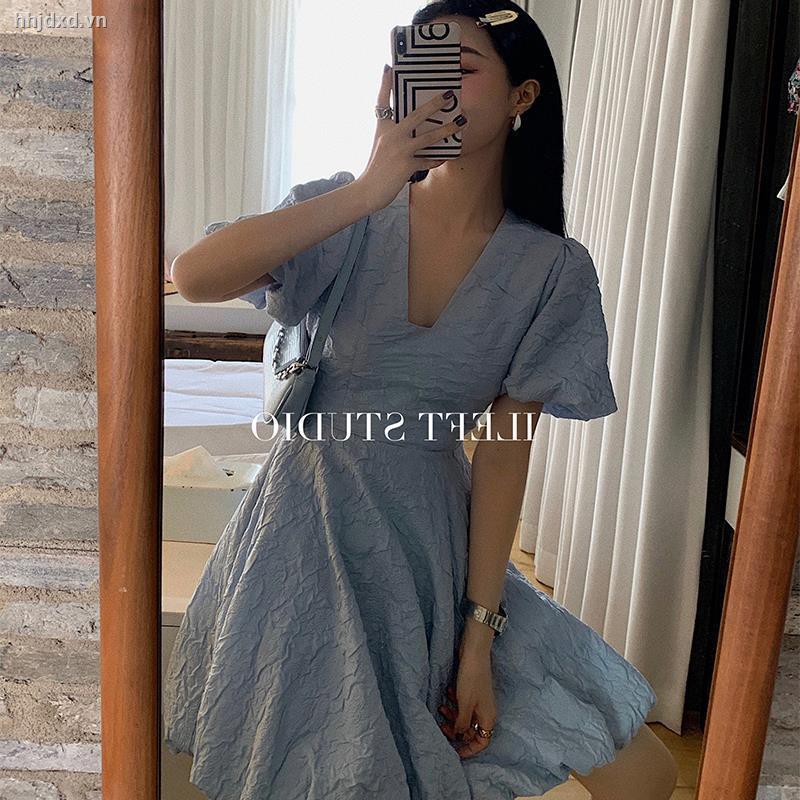 Đầm Tay Ngắn Phồng Màu Trơn Phong Cách Pháp Hoài Cổ Thời Trang 2021 Nữ Tính