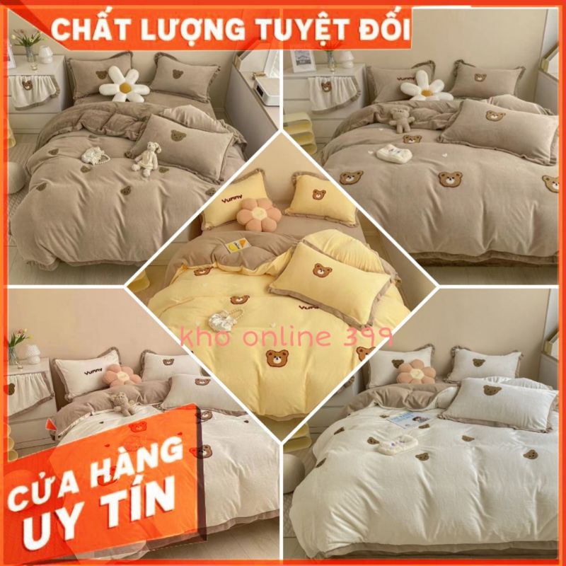 [RẺ VÔ ĐỊCH] set (bộ) chăn ga gối nệm nỉ gấu 4 món kích thước 1m6, 1m8, 2mx2m2, ga trải giường, vỏ gối