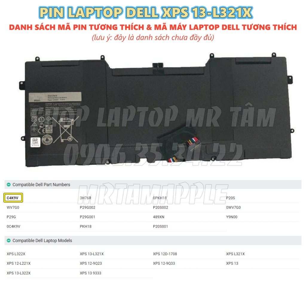 Pin Laptop DELL XPS 13-L321X 55Wh (ZIN) - 4 CELL - XPS 12-9Q23, 13-L321x, 13-L322x, Y9N00 489XN