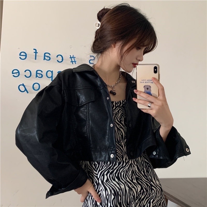Áo Khoác Da Croptop Nữ  🌸 Jacket biker tay bồng cá tính màu đen, khoát dáng ngắn thể thao Ulzzang 🌸