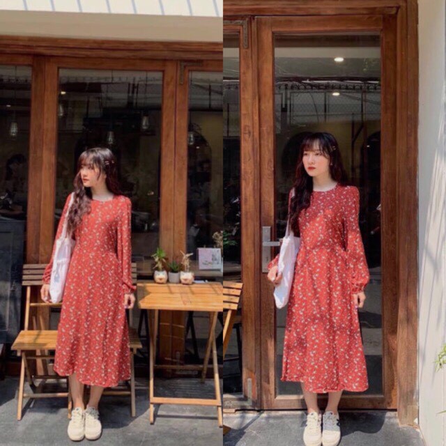 Đầm hoa nhí xinh Halenn Dress tay dài chất váy voan có lót lớp váy có dây buộc eo xinh nhẹ dễ mix