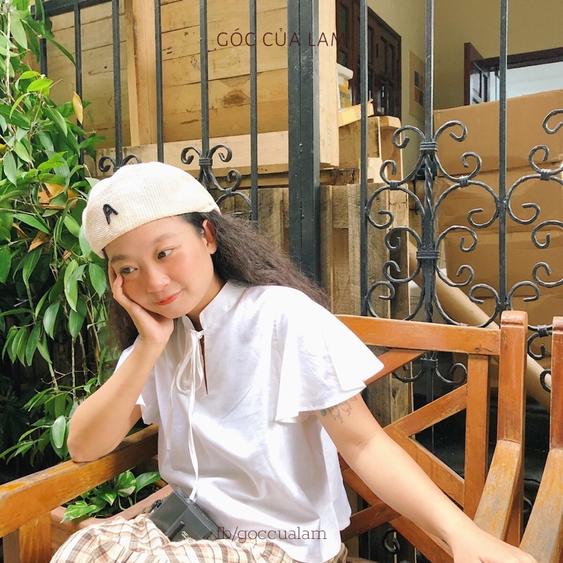 Áo linen croptop cổ tàu cột nơ