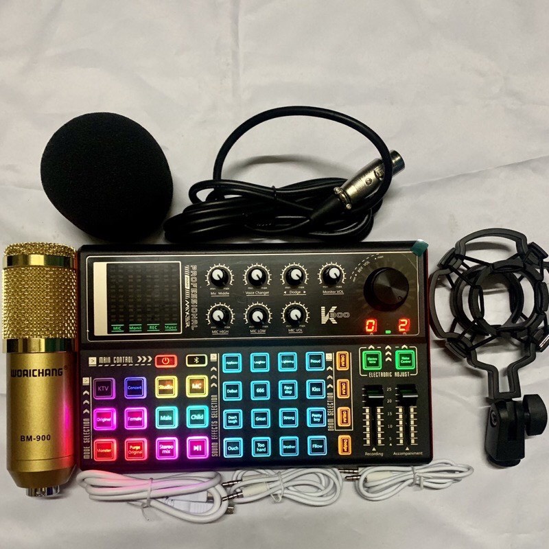 Combo Bộ mic thu âm livestream online BM900-Card K300 có Auto-tone bluetooth, tích pin kèm dây kết nối bảo hành 06 tháng