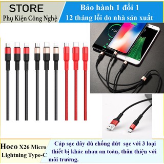 Cáp sạc dây dù chống đứt 3 đầu Hoco X26 Lightning+Micro+Type-C 1M - Hoco X26 chính hãng
