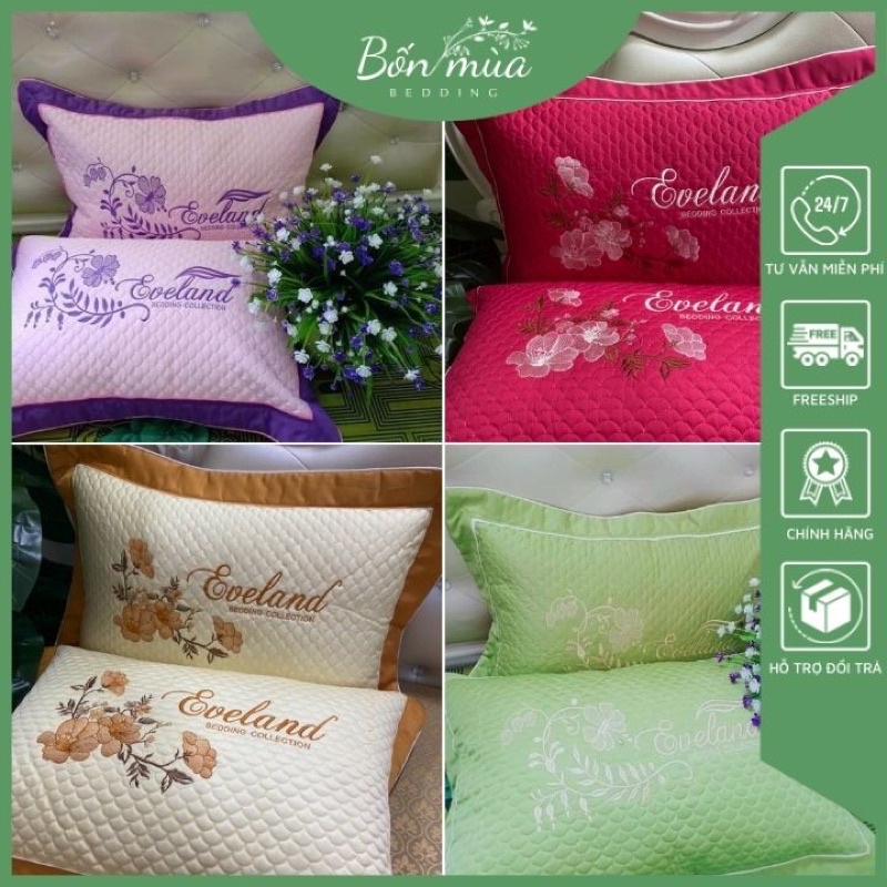 Đôi Vỏ Gối sateen màu thêu hoa Bốn Mùa Bedding, Kích thước 45x65cm, chất liệu poly sateen bền đẹp, mặt trần bông,có khoá