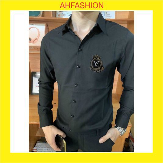 Áo sơ mi nam hàn quốc dài tay thêu logo LV  trơn lụa mịn chống nhăn mẫu mới cao cấp AHFASHION