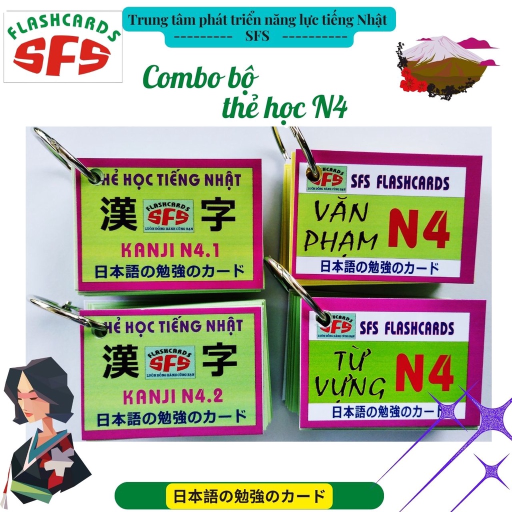 Bộ thẻ học tiếng Nhật N4 SFS theo giáo trình Minna từ bài 26-50: Kanji N4, văn phạm và từ vựng