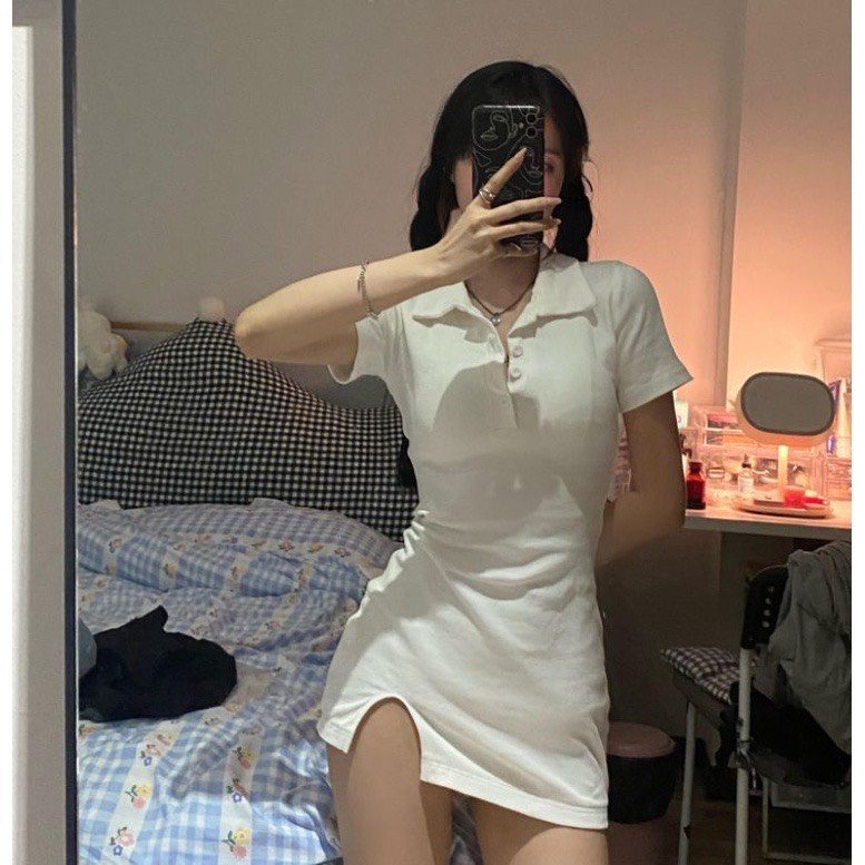 Váy polo trơn xẻ tà nữ ⚡ Casper.Store | FREESHIP | ⚡ Đầm ôm body dáng ngắn cổ sơ mi cộc tay Ulzzang