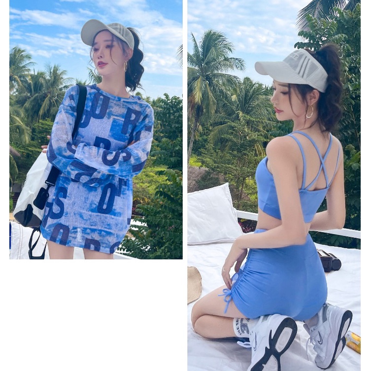Bộ đồ bơi nữ 3 chi tiết áo lưới thể thao màu sắc trẻ trung kín đáo