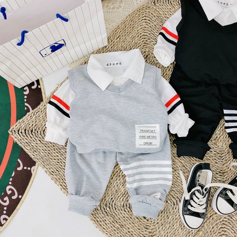 Set áo sơ mi kèm áo ghile và quần thun cho bé trai mùa đông