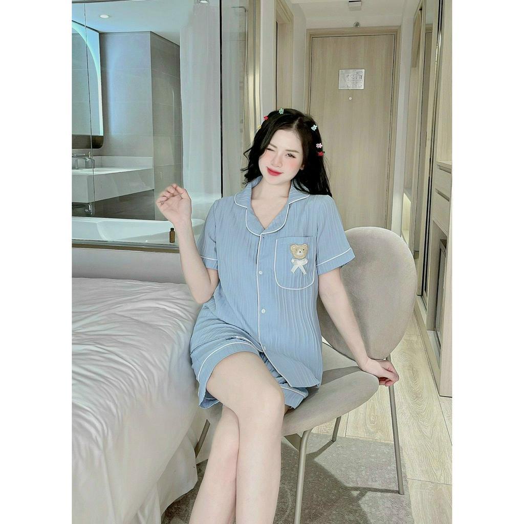 Bộ mặc nhà nữ bộ pyjama mặc hè cộc tay chất đũi gân mát lạnh họa tiết hình gấu PANOSI - B81