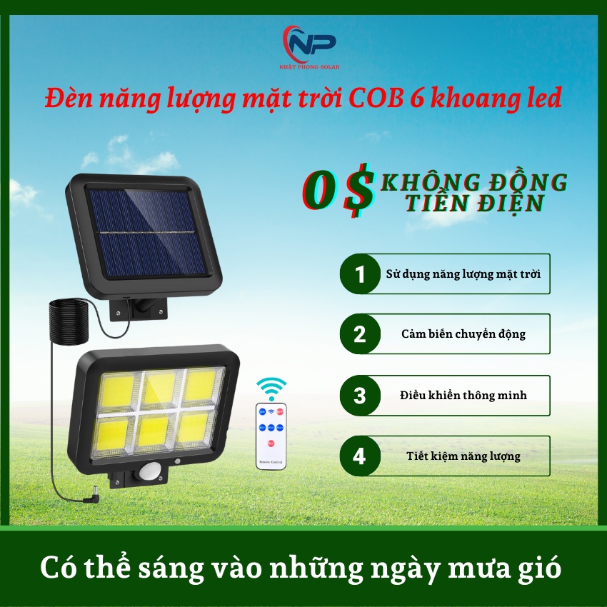 Đèn năng lượng mặt trời COB 6 Ô LED,tấm pin rời đèn,dây kết nối dài 5m, có điều khiển,cảm biến chuyển động,3 chế độ sáng