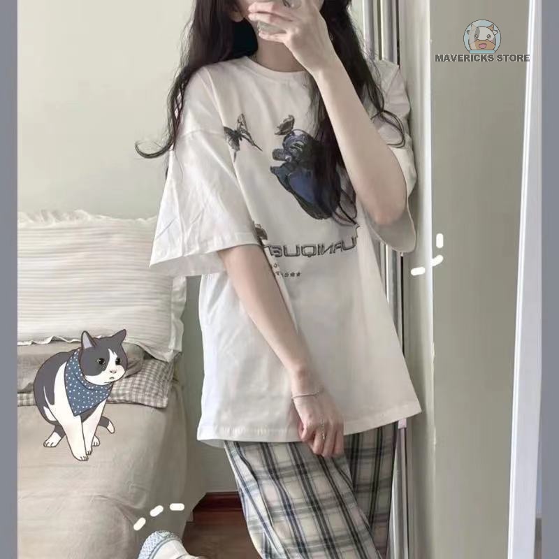 Bộ đồ ngủ gồm áo thun + quần dài kẻ sọc caro thời trang Hàn Quốc (có bán lẻ)