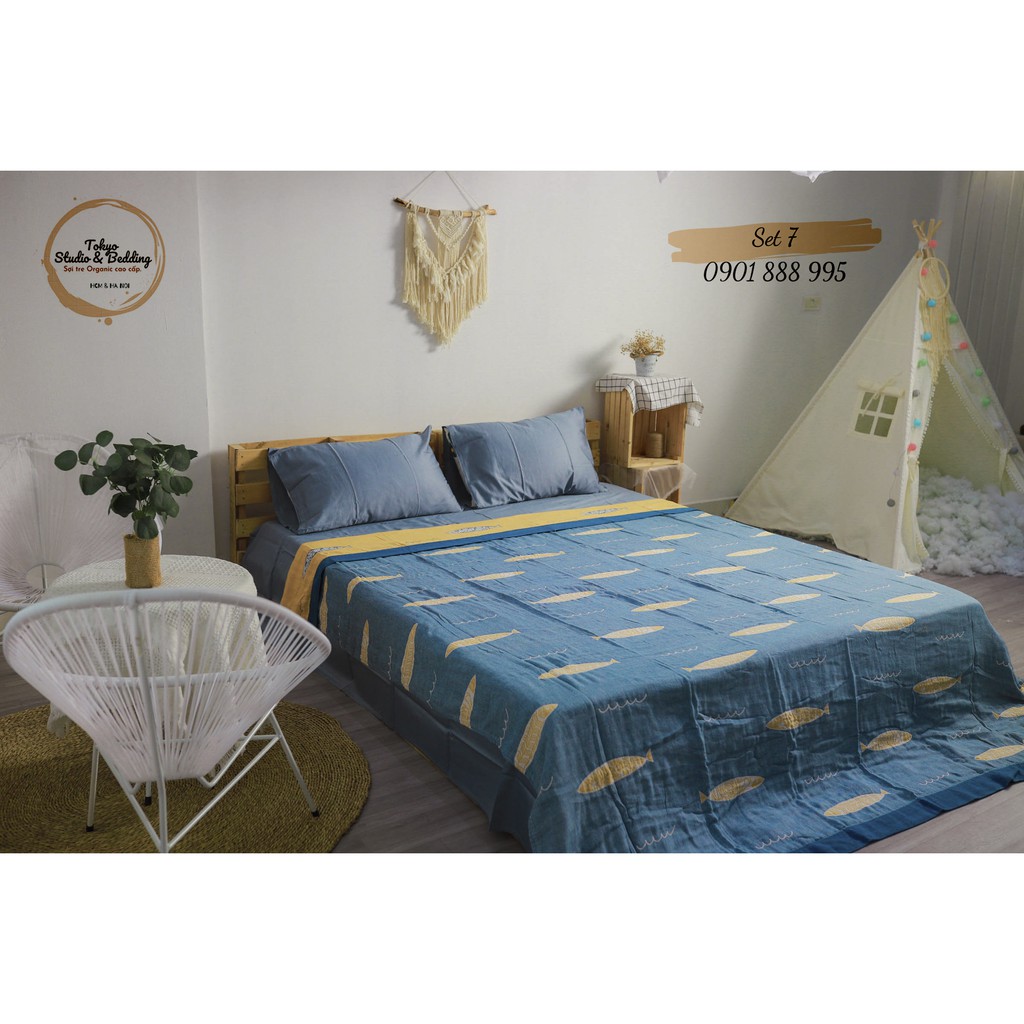 Set 07 _Chăn Xô Cotton Sợi tre Organic dòng Basic &amp; Ga gối Lụa