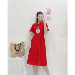 Đầm gấm cổ tàu chất lụa chơi lễ noel tết
