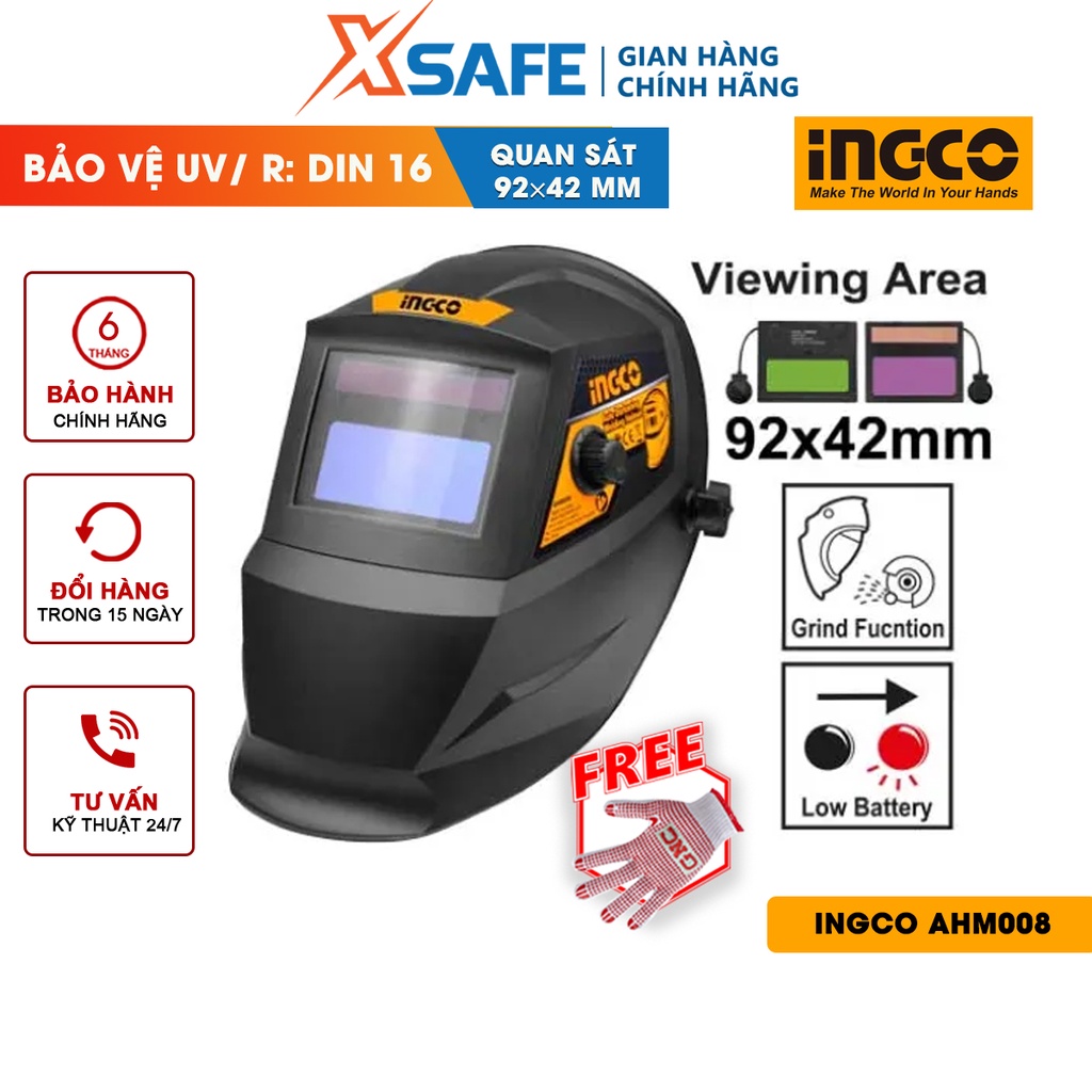 Mặt nạ hàn tự động Ingco AHM008 năng lượng mặt trời Kính hàn điện tử đa cảm biến, vùng quan sát rộng, tự điều chỉnh sáng