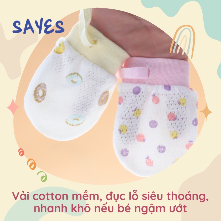 Bao tay cho bé 3-12 tháng, vải cotton đục lỗ thoáng khí, có dây rút, thấm hút tốt, màu pastel nhẹ nhàng