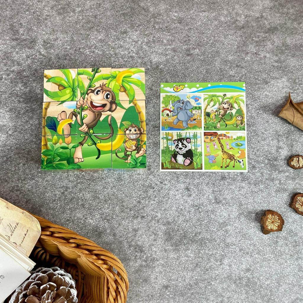 Bộ đồ chơi gồm 9 miếng ghép, có thể ghép được 6 hình khác nhau