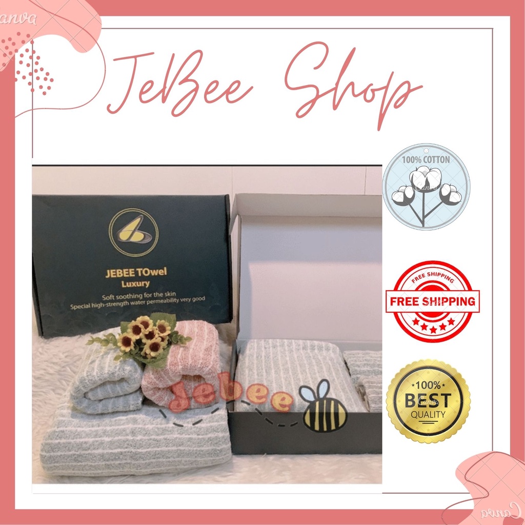 Set Khăn JEBEE Hàng Loại 1 Siêu Mềm, Mịn, Dày, Bền đẹp, Thấm hút tốt, dùng biếu làm quà tặng - Có Hộp