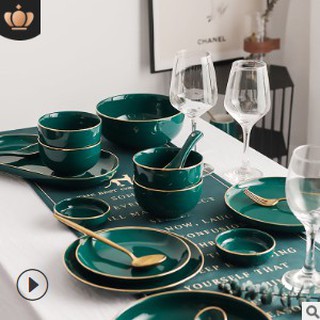 Tô Chén Bát Dĩa Màu Xanh Bóng Viền Vàng - Sang Trọng - Phong Cách Nhật Bản - Bếp Lành Decor