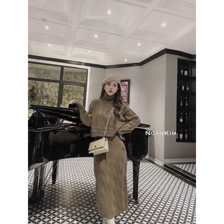 Set váy len thừng maxi cổ lọ