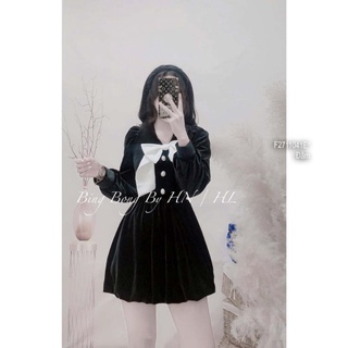 Đầm xòe nhung đen cổ tim phối nơ ngực tay dài!