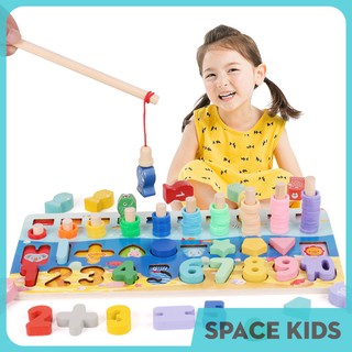 ♥ Đồ chơi gỗ thông minh 4 trong 1 cho trẻ em học số, cột tính, ghép hình khối và câu cá Space Kids ♥