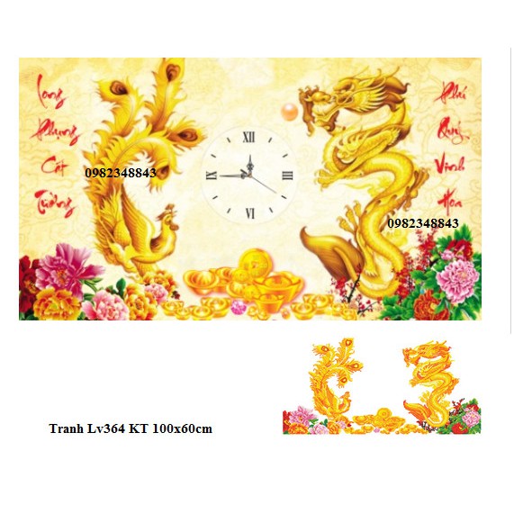 Tranh đính đá đồng hồ long phụng KT:100x60cm. Tranh gắn đá chưa gắn.