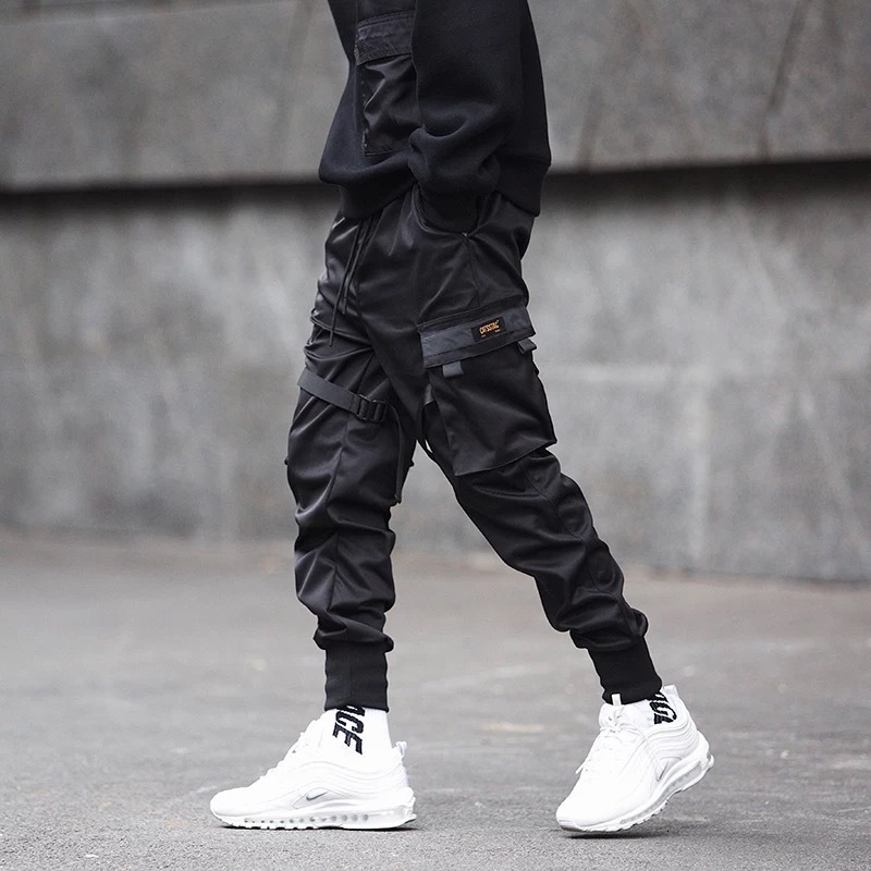 Quần Jogger Dài 6 Túi Màu Đen Dáng Ôm Lưng Thun Phối Dây Rút Phong Cách Hip Hop Đường Phố Cho Nam