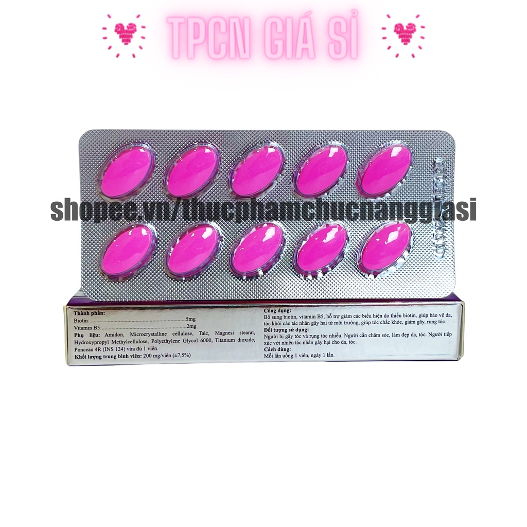 Viên uống BIOTIN bổ sung biotin+vitamin B5 giúp giảm rụng tóc, bảo vệ da, chắc móng – Hộp 20 viên