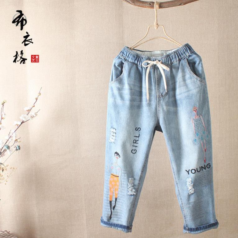 Quần jean lửng baggy nữ lưng thun họa tiết thêu cao cấp cực kỳ sang trọng và phong cách