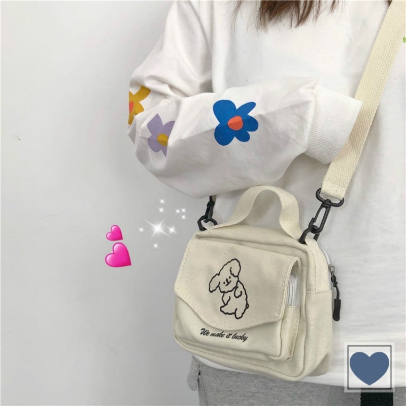 Túi canvas đeo chéo thêu hình chú cún thêu ngộ nghĩnh đáng yêu phong cách Harajuku Nhật Bản thời trang UNIBAG