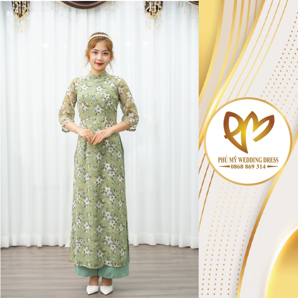 Áo dài truyền thống voan tơ màu xanh tay lỡ họa tiết hoa trắng