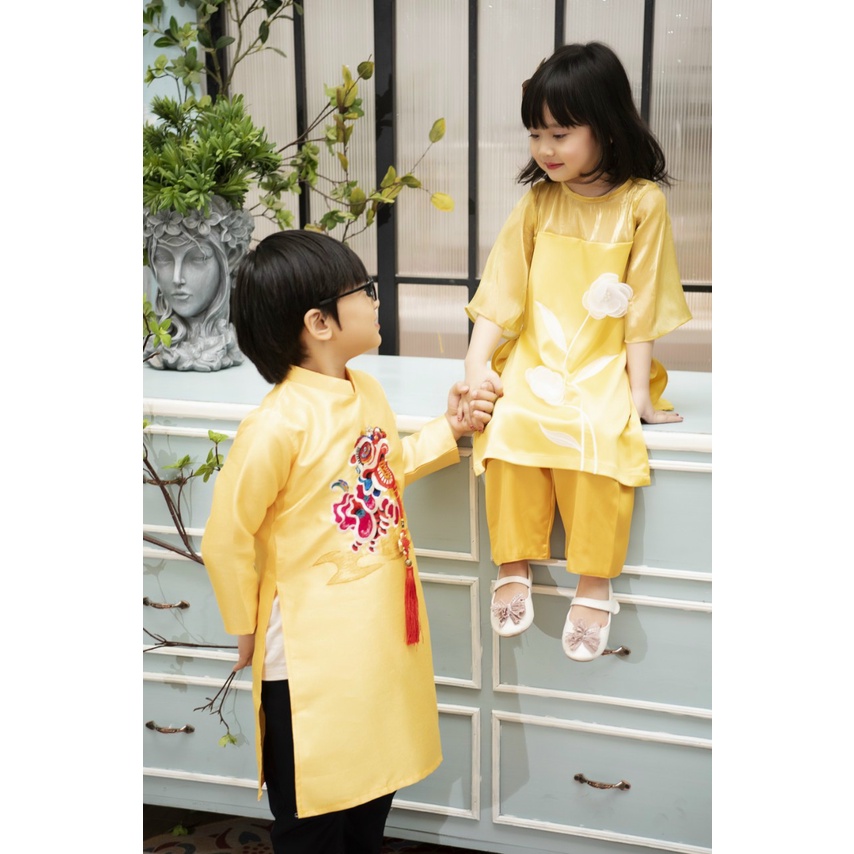 Áo Dài Bé Trai Thêu Lân Mon 3 Màu Đỏ - Vàng - Xanh Cho Bé Từ 8 đến 29kg