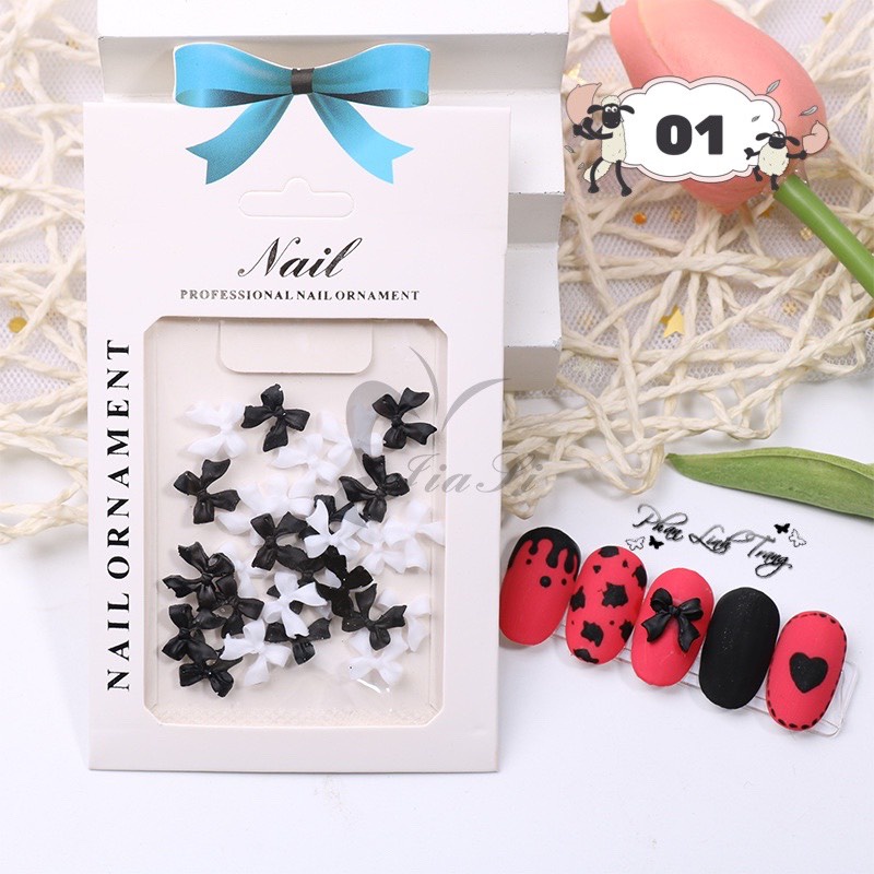 Set charm nơ trắng đen trang trí móng THIÊN DI NAIL