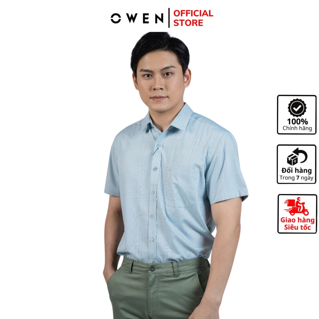 Áo sơ mi nam ngắn tay OWEN BA220013NT somi công sở vải sợi tre cao cấp màu xanh bạc hà kẻ caro dáng suông tà bằng có túi