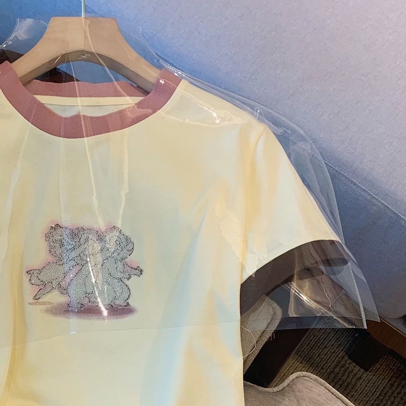 Áo Thun Ngắn Tay Cổ Tròn In Họa Tiết Hoạt Hình Phối Màu Tương Phản Thời Trang Mùa Hè Cho Nữ