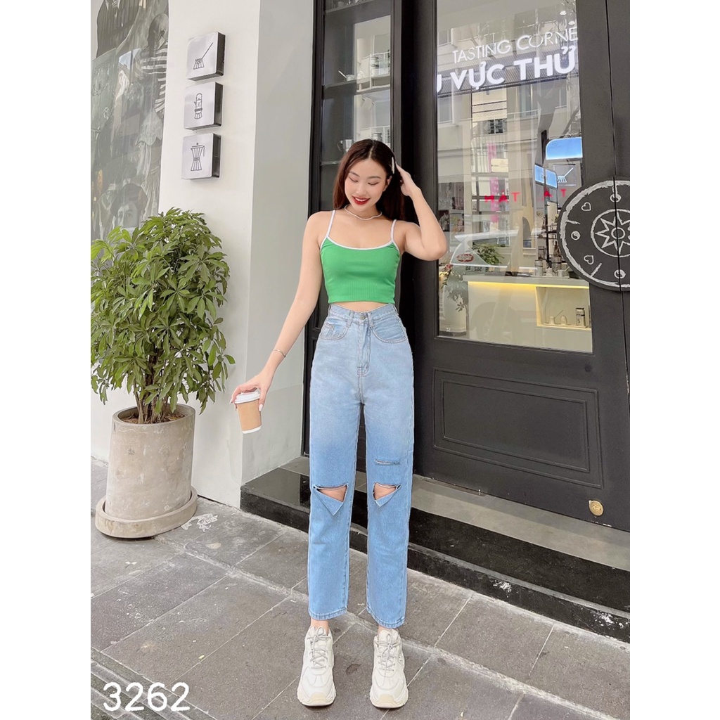 [ HÀO HÙNG ] QUẦN BAGGY JEAN NỮ LƯNG CAO LOANG MÀU XANH RÁCH 2 VẠT 1 SỌC CÁ TÍNH LAI CUỐN CAO CẤP HADI VƯỢT MỌI GIỚI HẠN