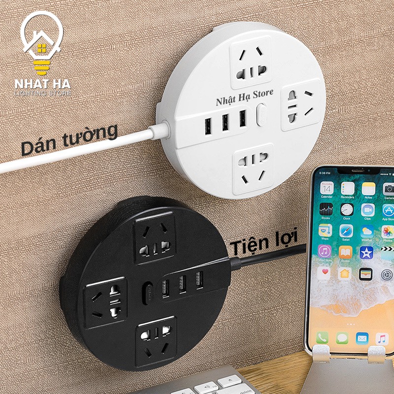 Ổ Cắm Điện USB Đa Năng Tròn Dây Dài 3m Có Nắp Bịt An Toàn Chống Giật Chịu Tải Lớn 2500W