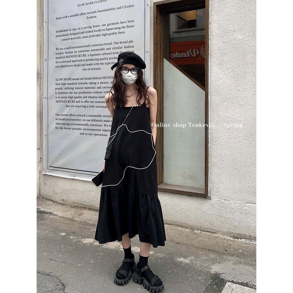Đầm Hai Dây Màu Đen Phong Cách Pháp Thời Trang 2022 Cho Nữ