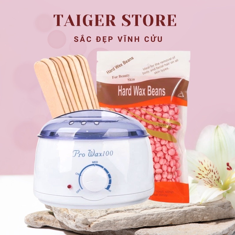 Combo Nồi Nấu Sáp Wax Lông Pro 100 + 100G Sáp Thường Wax Lông + 5 Que Gạt Gỗ Lớn - Bộ Tẩy Lông