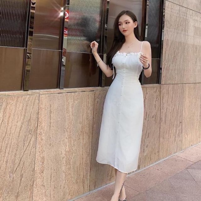 Đầm midi trắng + nude hai dây nút bọc⚡HÀNG SẴN ⚡CÓ CLIP HÌNH THẶT DSMD1100